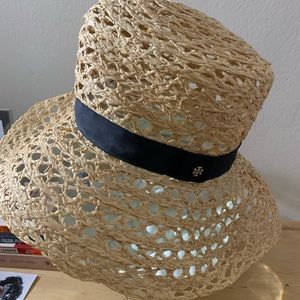 Tory Burch Woven Straw Sun Hat Packable Brown Raffia Black Ribbon Fedora